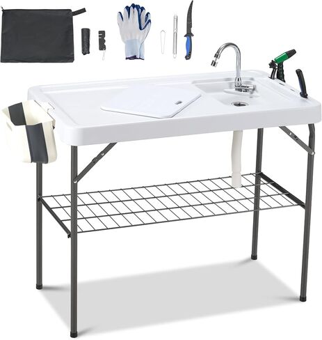 Dragosum Outdoor Sink Fish Cleaning Table Portable Camping Table with Faucet Hose Hook Up Grid Rack, Fish Fillet Camping Sink Table with 7pc Fish Cleaning Kit for Picnic Beach Patio in Saudi Arabia