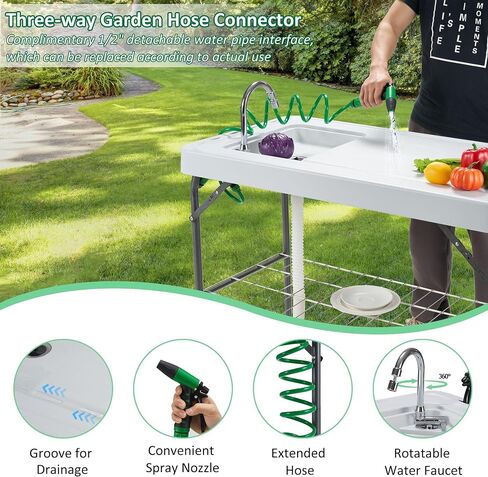 Dragosum Outdoor Sink Fish Cleaning Table Portable Camping Table with Faucet Hose Hook Up Grid Rack, Fish Fillet Camping Sink Table with 7pc Fish Cleaning Kit for Picnic Beach Patio in Saudi Arabia