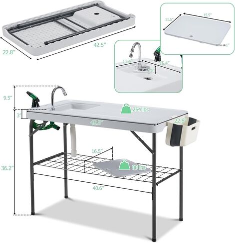 Dragosum Outdoor Sink Fish Cleaning Table Portable Camping Table with Faucet Hose Hook Up Grid Rack, Fish Fillet Camping Sink Table with 7pc Fish Cleaning Kit for Picnic Beach Patio in Saudi Arabia