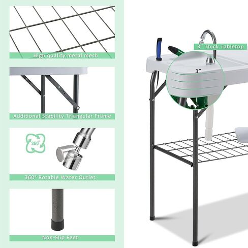 Dragosum Outdoor Sink Fish Cleaning Table Portable Camping Table with Faucet Hose Hook Up Grid Rack, Fish Fillet Camping Sink Table with 7pc Fish Cleaning Kit for Picnic Beach Patio in Saudi Arabia