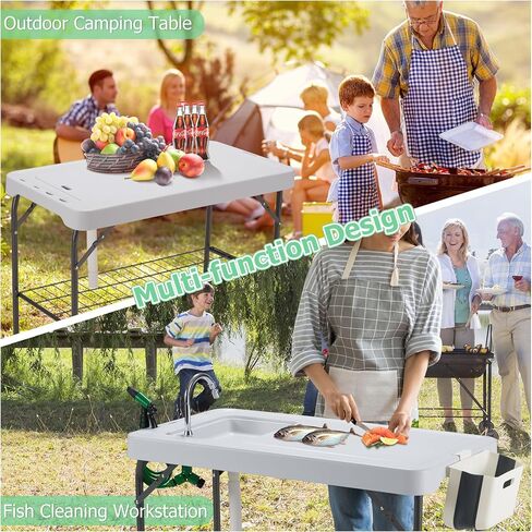 Dragosum Outdoor Sink Fish Cleaning Table Portable Camping Table with Faucet Hose Hook Up Grid Rack, Fish Fillet Camping Sink Table with 7pc Fish Cleaning Kit for Picnic Beach Patio in Saudi Arabia