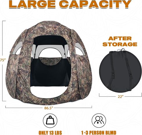 1-3 Person Hunting Blinds, 300 Degree See Through Pop up Ground Blinds for Deer Turkey Duck Hunting, Bow Hunting Accessories, Double Side Zipper Window in Saudi Arabia