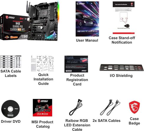 MSI Performance GAMING AMD Ryzen 1st, 2nd, and 3rd Gen AM4 M.2 USB 3.2 Gen 2 DDR4 HDMI Display Port Wi-Fi ATX Motherboard (B450 GAMING PRO CARBON MAX WIFI) in Saudi Arabia