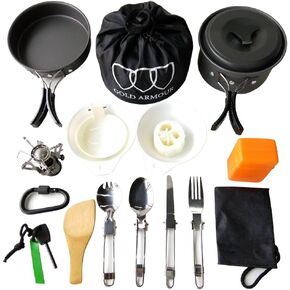 Gold Armour Camping Cookware Mess Kit Backpacking Hiking Outdoors Gear - 17 Pieces Cookset, Compact, Durable Pot Pan Bowls, Camping Essential Accessories Equipment Gear (Black)