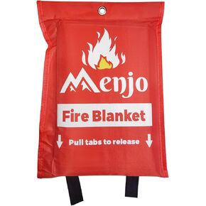 Silicone Coated Menjo Outdoors Emergency Fire Blanket for Fire Suppression at Home, Kitchen, BBQ, and Camping. Flame Retardant material spanning 40 * 40in