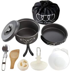 Gold Armour 10 Pieces Camping Cookware Mess Kit Backpacking Gear & Hiking Outdoors Bug Out Bag Cooking Equipment Cookset - Lightweight, Compact, Durable Pot Pan Bowls in Kuwait