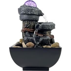 JOYENERGY Tabletop Fountain Waterfall Fountain with LED Light, Indoor Zen Meditation Desktop Fountain Includes Natural River Rolling Bubble Balls for Home and Office Decoration