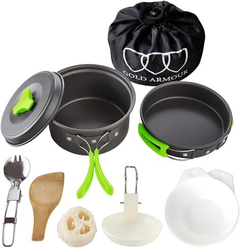 Gold Armour 10 Pieces Camping Cookware Mess Kit Backpacking Gear & Hiking Outdoors Bug Out Bag Cooking Equipment Cookset - Lightweight, Compact, Durable Pot Pan Bowls in Saudi Arabia