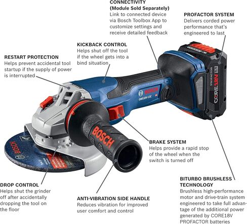 Bosch PROFACTOR 18V SPITFIRE GWS18V-13CB14 Cordless 5-6 In. Angle Grinder Kit & Slide Switch, Includes (1) CORE18V 8.0 Ah Performance Battery + Bosch GBA18V80 CORE18V 8.0 Ah Performance Battery in Saudi Arabia