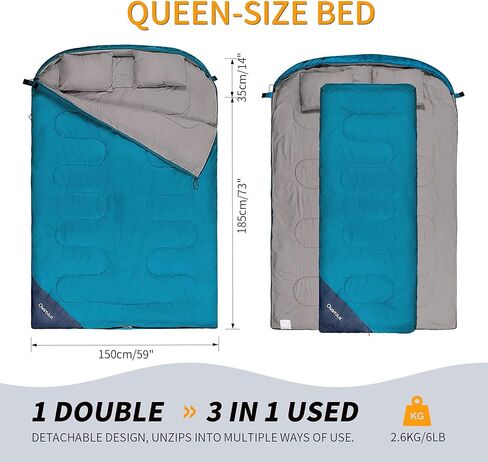 Double Sleeping Bag for Adults, 2 Person Sleeping Bag with Pillows for Camping Backpacking Hiking, XL Queen Size Two Person Sleeping Bag for Cold Weather & Warm in Saudi Arabia