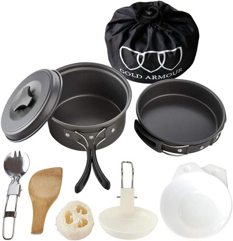 Gold Armour 10 Pieces Camping Cookware Mess Kit Backpacking Gear & Hiking Outdoors Bug Out Bag Cooking Equipment Cookset - Lightweight, Compact, Durable Pot Pan Bowls in Kuwait