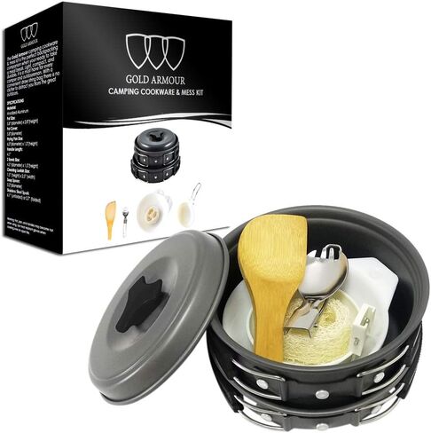 Gold Armour 10 Pieces Camping Cookware Mess Kit Backpacking Gear & Hiking Outdoors Bug Out Bag Cooking Equipment Cookset - Lightweight, Compact, Durable Pot Pan Bowls in Kuwait