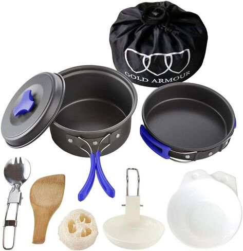 Gold Armour 10 Pieces Camping Cookware Mess Kit Backpacking Gear & Hiking Outdoors Bug Out Bag Cooking Equipment Cookset - Lightweight, Compact, Durable Pot Pan Bowls in Saudi Arabia