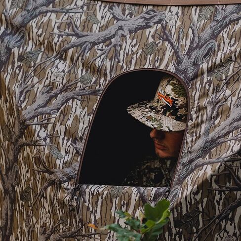 Barronett Blinds® Memory Maker 5، ستارة صيد محمولة، ستارة محورية بخمسة جوانب، قماش دينير 600، نوافذ منزلقة صامتة، 4 أشخاص، حامل الشجرة الأصلي Mossy Oak®، 72 بوصة × 96 بوصة × 96 بوصة in Kuwait