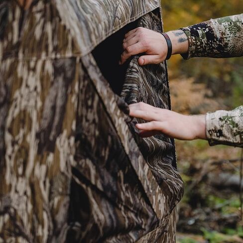 Barronett Blinds® Memory Maker 5، ستارة صيد محمولة، ستارة محورية بخمسة جوانب، قماش دينير 600، نوافذ منزلقة صامتة، 4 أشخاص، حامل الشجرة الأصلي Mossy Oak®، 72 بوصة × 96 بوصة × 96 بوصة in Kuwait