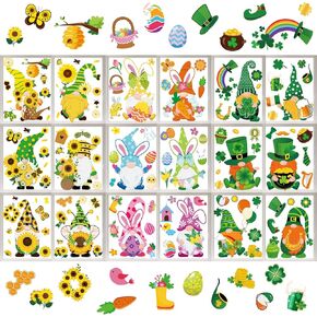 Whaline 18 Sheet Fall Halloween Christmas Gnome Window Clings Colorful Cute Gnomes Pumpkins Bat Xmas Tree Window Decals Double-Sided Window Stickers for Autumn Thanksgiving Home Classroom Decor