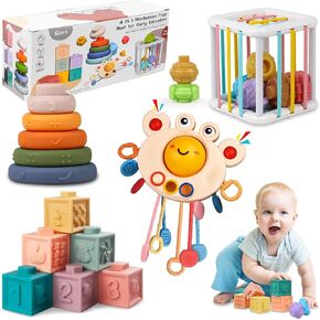 4 in 1 Baby Toys Montessori Toys for Babies 6-12 Months, Stacking Building Blocks & Pull String Teething Toys & Color Storage Shape Bin Sensory Toys for 1 2 3 Year Old Babies Infant Boy and Girl Gifts