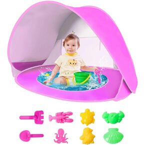 Baby Beach Tent with Beach Sand Toys, Pop Up Portable Shade Pool, Protection Infant Sun Shelters Beach Shade Tent for Aged 0-3 Baby and Kids (Pink)