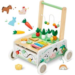 Frogprin Wooden Baby Walker, Baby Push Walker for 1-3, Shape Sorting Grocery Cart, Push and Pull Toy Learning Walker Adjustable Height Shopping Cart for Girl & Boy Montessori Toys Baby Activity Center in Saudi Arabia