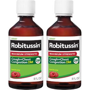 Robitussin Adult Maximum Strength Cough Plus Chest Congestion DM Max, Non-Drowsy Cough Suppressant and Expectorant, Raspberry Flavor, 8 Fl Oz x 2
