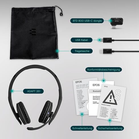 EPOS Adapt 261 - سماعة رأس مزدوجة الجوانب، لاسلكية، بلوتوث ثنائي الاتصال، دونجل USB-C متضمن، محسّن من UC ومعتمد من Microsoft Teams، أسود in Kuwait