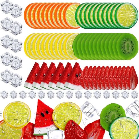 48 Pieces Mixed Fake Fruit Slices Plastic Lemon Slices Strawberries Watermelon Kiwi Slice Artificial Fruits with Clear Ice Rocks Acrylic Ice Cubes Vase Fillers for Centerpiece Display Decor in Saudi Arabia