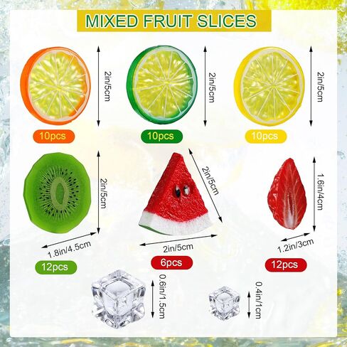 48 Pieces Mixed Fake Fruit Slices Plastic Lemon Slices Strawberries Watermelon Kiwi Slice Artificial Fruits with Clear Ice Rocks Acrylic Ice Cubes Vase Fillers for Centerpiece Display Decor in Saudi Arabia