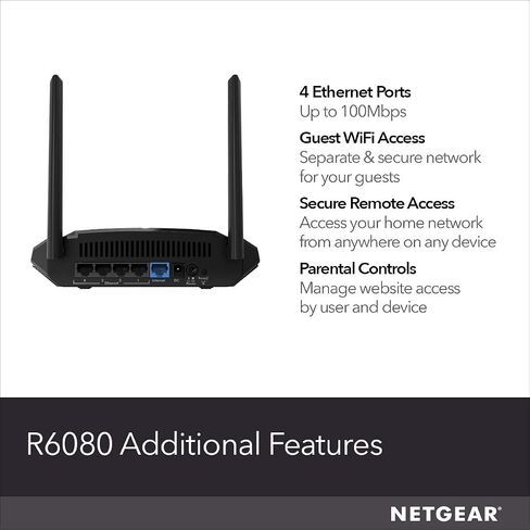 NETGEAR WiFi Router (R6080) - AC1000 Dual Band Wireless Speed (up to 1000 Mbps) | Up to 1000 sq ft Coverage & 15 devices | 4 x 10/100 Fast Ethernet ports | 5 GHz in Saudi Arabia