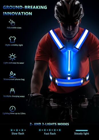 LED Reflective Vest Running Gear, USB Rechargeable Light Up Running Vest Chest Phone Holder for Runners Night Walking in Kuwait