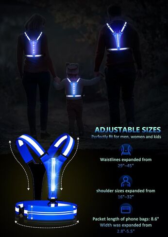 LED Reflective Vest Running Gear, USB Rechargeable Light Up Running Vest Chest Phone Holder for Runners Night Walking in Kuwait