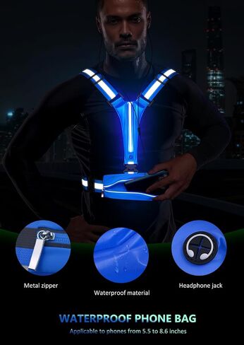 LED Reflective Vest Running Gear, USB Rechargeable Light Up Running Vest Chest Phone Holder for Runners Night Walking in Kuwait