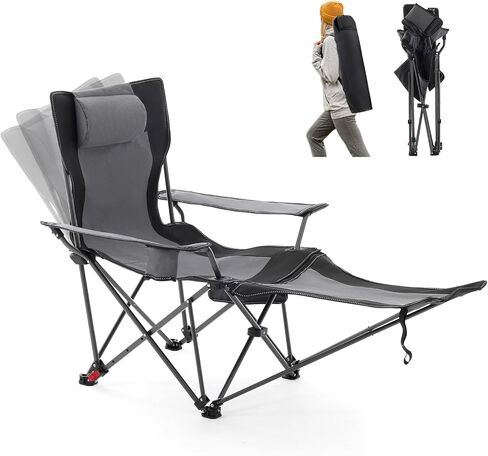 Reclining Camping Chair with Foot Rest, Folding Lounge Chair for Adults,Outdoor Chair Support 300 lbs with Adjustable Backrest &Cup Holder Portable Recliner Beach Chair for Lawn Outside,Gray in Saudi Arabia