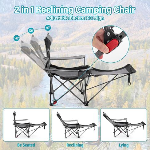 Reclining Camping Chair with Foot Rest, Folding Lounge Chair for Adults,Outdoor Chair Support 300 lbs with Adjustable Backrest &Cup Holder Portable Recliner Beach Chair for Lawn Outside,Gray in Saudi Arabia