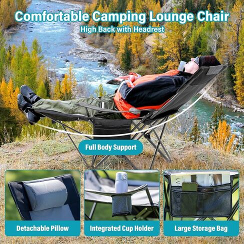 Reclining Camping Chair with Foot Rest, Folding Lounge Chair for Adults,Outdoor Chair Support 300 lbs with Adjustable Backrest &Cup Holder Portable Recliner Beach Chair for Lawn Outside,Gray in Saudi Arabia