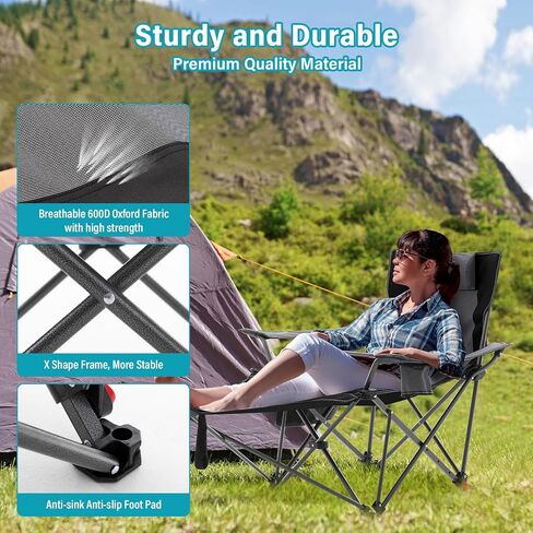 Reclining Camping Chair with Foot Rest, Folding Lounge Chair for Adults,Outdoor Chair Support 300 lbs with Adjustable Backrest &Cup Holder Portable Recliner Beach Chair for Lawn Outside,Gray in Saudi Arabia
