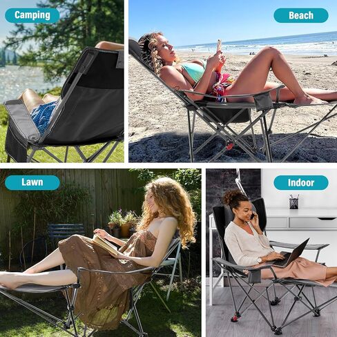 Reclining Camping Chair with Foot Rest, Folding Lounge Chair for Adults,Outdoor Chair Support 300 lbs with Adjustable Backrest &Cup Holder Portable Recliner Beach Chair for Lawn Outside,Gray in Saudi Arabia