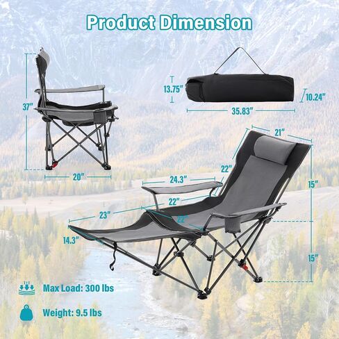 Reclining Camping Chair with Foot Rest, Folding Lounge Chair for Adults,Outdoor Chair Support 300 lbs with Adjustable Backrest &Cup Holder Portable Recliner Beach Chair for Lawn Outside,Gray in Saudi Arabia