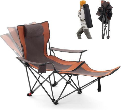 Reclining Camping Chair with Foot Rest, Folding Lounge Chair for Adults,Outdoor Chair Support 300 lbs with Adjustable Backrest &Cup Holder Portable Recliner Beach Chair for Lawn Outside,Gray in Saudi Arabia