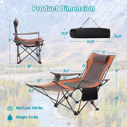 Reclining Camping Chair with Foot Rest, Folding Lounge Chair for Adults,Outdoor Chair Support 300 lbs with Adjustable Backrest &Cup Holder Portable Recliner Beach Chair for Lawn Outside,Gray in Saudi Arabia
