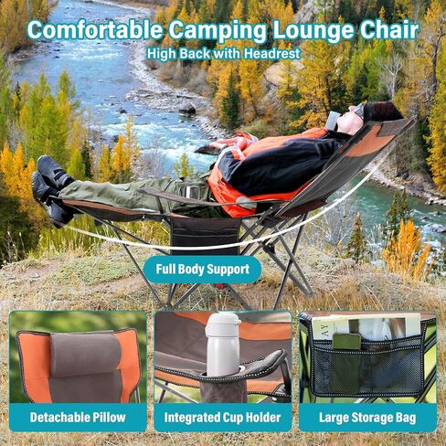 Reclining Camping Chair with Foot Rest, Folding Lounge Chair for Adults,Outdoor Chair Support 300 lbs with Adjustable Backrest &Cup Holder Portable Recliner Beach Chair for Lawn Outside,Gray in Saudi Arabia