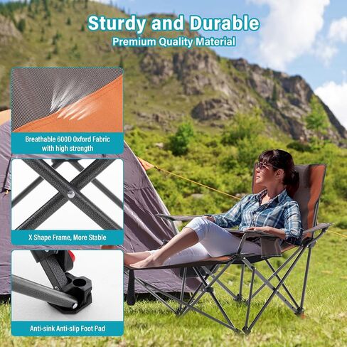 Reclining Camping Chair with Foot Rest, Folding Lounge Chair for Adults,Outdoor Chair Support 300 lbs with Adjustable Backrest &Cup Holder Portable Recliner Beach Chair for Lawn Outside,Gray in Saudi Arabia