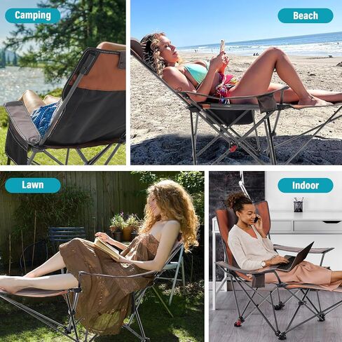 Reclining Camping Chair with Foot Rest, Folding Lounge Chair for Adults,Outdoor Chair Support 300 lbs with Adjustable Backrest &Cup Holder Portable Recliner Beach Chair for Lawn Outside,Gray in Saudi Arabia