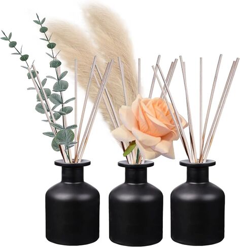 HOSSIAN 2 Clear Glass Diffuser Bottles 2 Black Diffuser Bottles -with Natural Reed Sticks Use for DIY Replacement Reed Diffuser Sets (4X3.9 Inch) in Kuwait