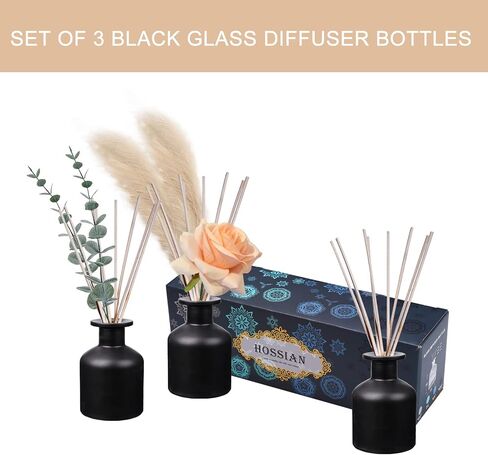 HOSSIAN 2 Clear Glass Diffuser Bottles 2 Black Diffuser Bottles -with Natural Reed Sticks Use for DIY Replacement Reed Diffuser Sets (4X3.9 Inch) in Kuwait