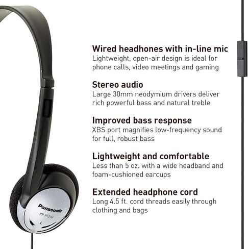 Panasonic Headphones, Lightweight Over the Ear Wired Headphones with Clear Sound and XBS for Extra Bass, Long Cord, 3.5mm Jack for Phones and Laptops – RP-HT161-K (Black) in Saudi Arabia