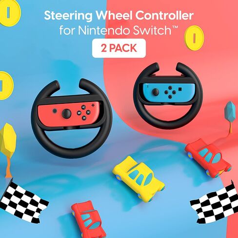 Talkworks Steering Wheel Controller for Nintendo Switch (2 Pack) - Racing Games Accessories Joy Con Controller Grip for Mario Kart, Pink/Neon Combo - Nintendo Switch in Saudi Arabia