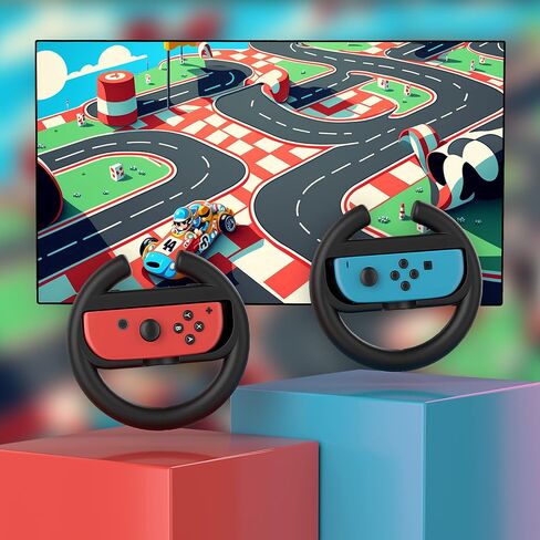 Talkworks Steering Wheel Controller for Nintendo Switch (2 Pack) - Racing Games Accessories Joy Con Controller Grip for Mario Kart, Pink/Neon Combo - Nintendo Switch in Saudi Arabia