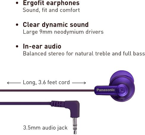 Panasonic ErgoFit Wired Earbuds, In-Ear Headphones with Dynamic Crystal-Clear Sound and Ergonomic Custom-Fit Earpieces (S/M/L), 3.5mm Jack for Phones and Laptops, No Mic - RP-HJE120-K (Black) in Saudi Arabia