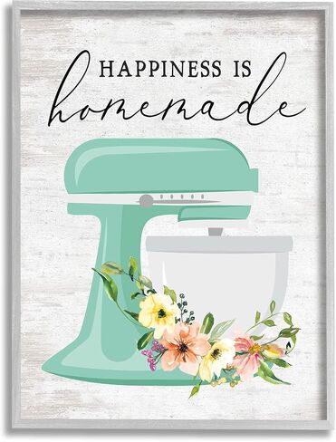 Stupell Industries Happiness is Homemade Phrase Floral Kitchen Stand Mixer, Designed by Lettered and Lined Gray Framed Wall Art, 16 x 20, Multi-Color in Saudi Arabia