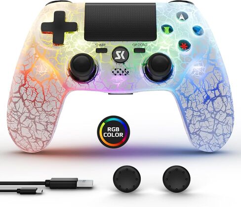 Wireless Controller for PS4, LED Backlit Controller for Sony PlayStation 4, Double Shock 6-Axis Motion Sensor, Sensitive Touch Pad, Built-in Speaker & Stereo Headphone Jack, Adjustable backlight, White in Saudi Arabia
